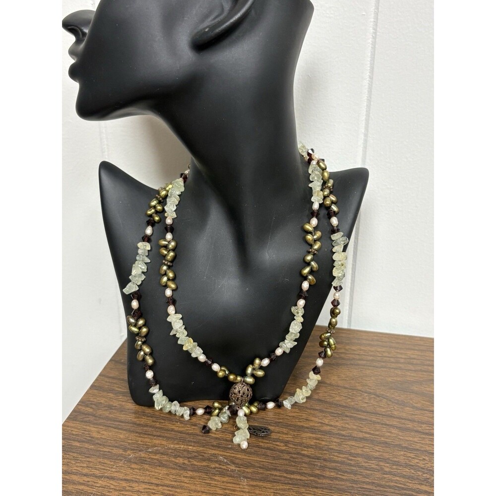 Handmade Prehnite & Pearl Necklace Garnet Crystal Brass Filigree Pendant